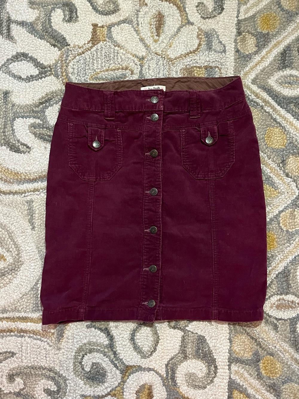 Free People Button-Front Corduroy Pencil Skirt in Burgundy